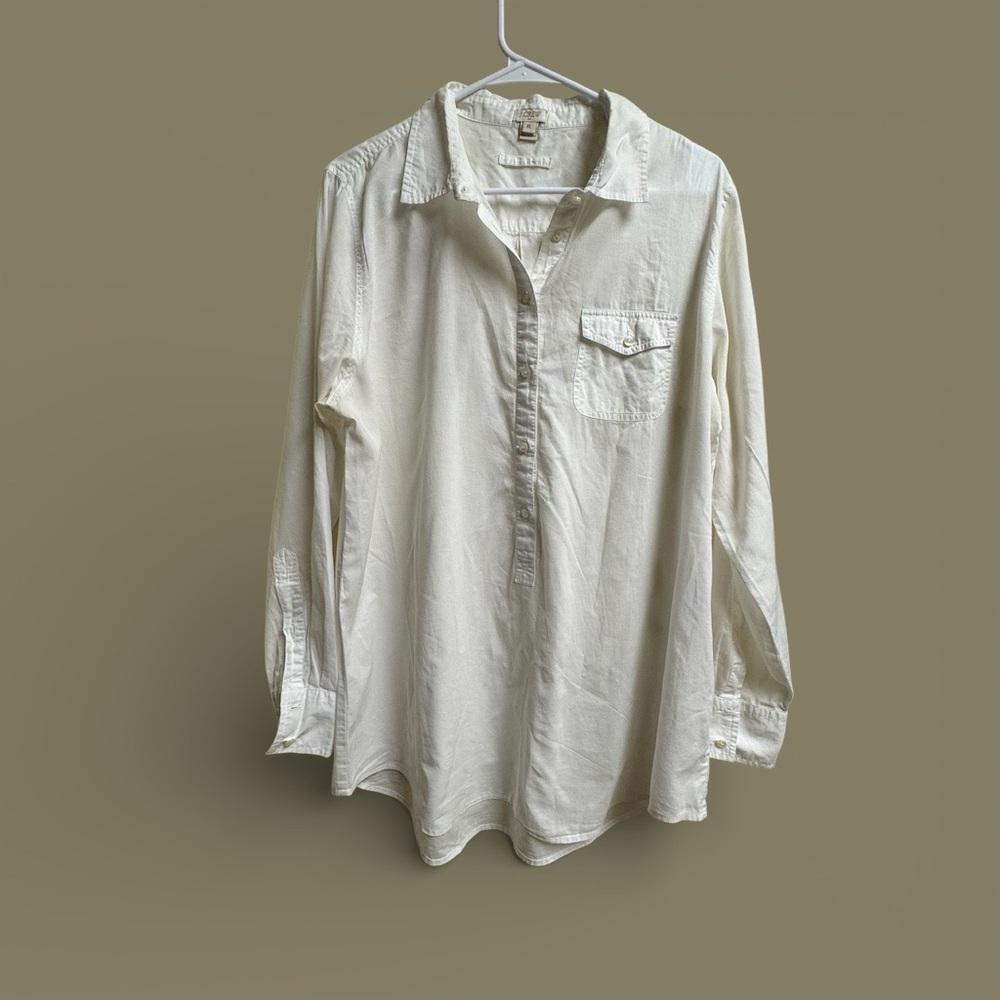 J.Crew White Cotton Tunic Shirt XL Button Front Long Sleeve